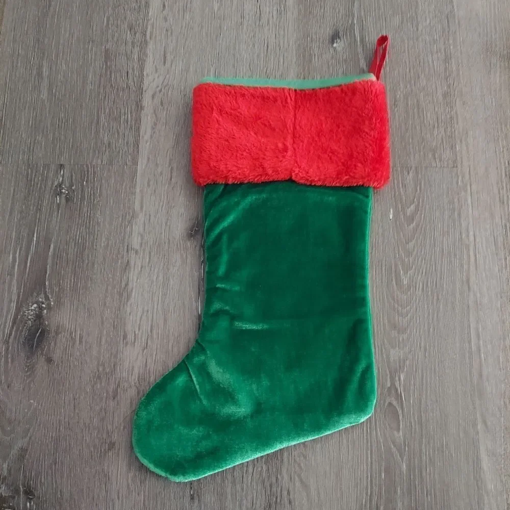 Disney Mickey Mouse Christmas Stocking Green Embroidered Plush Red Cuff